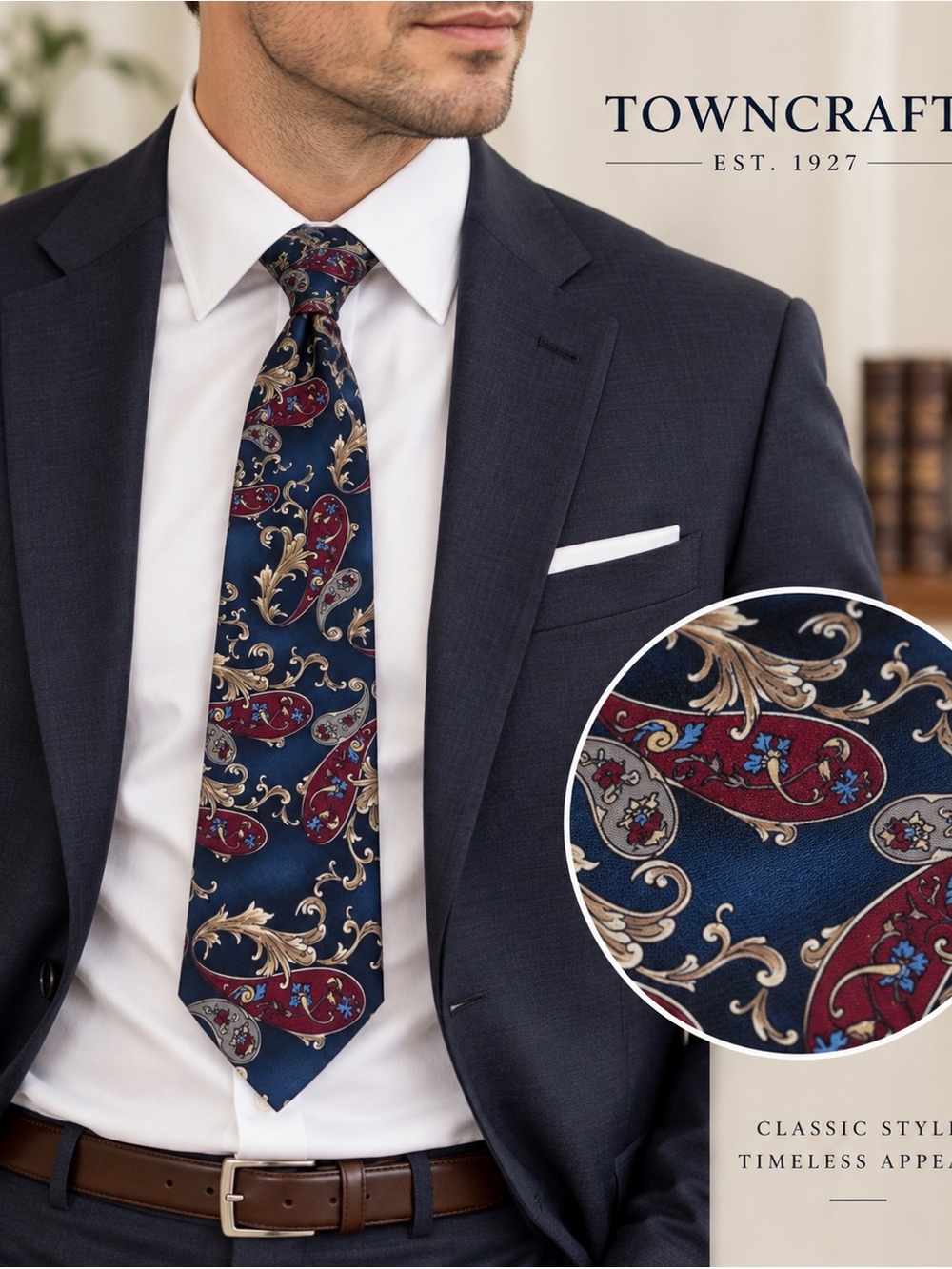 TownCraft Navy Blue Polyester Neck Tie with Paisleys
